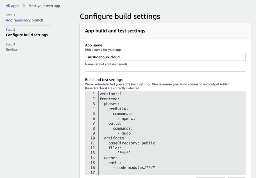 Amplify console build settings
